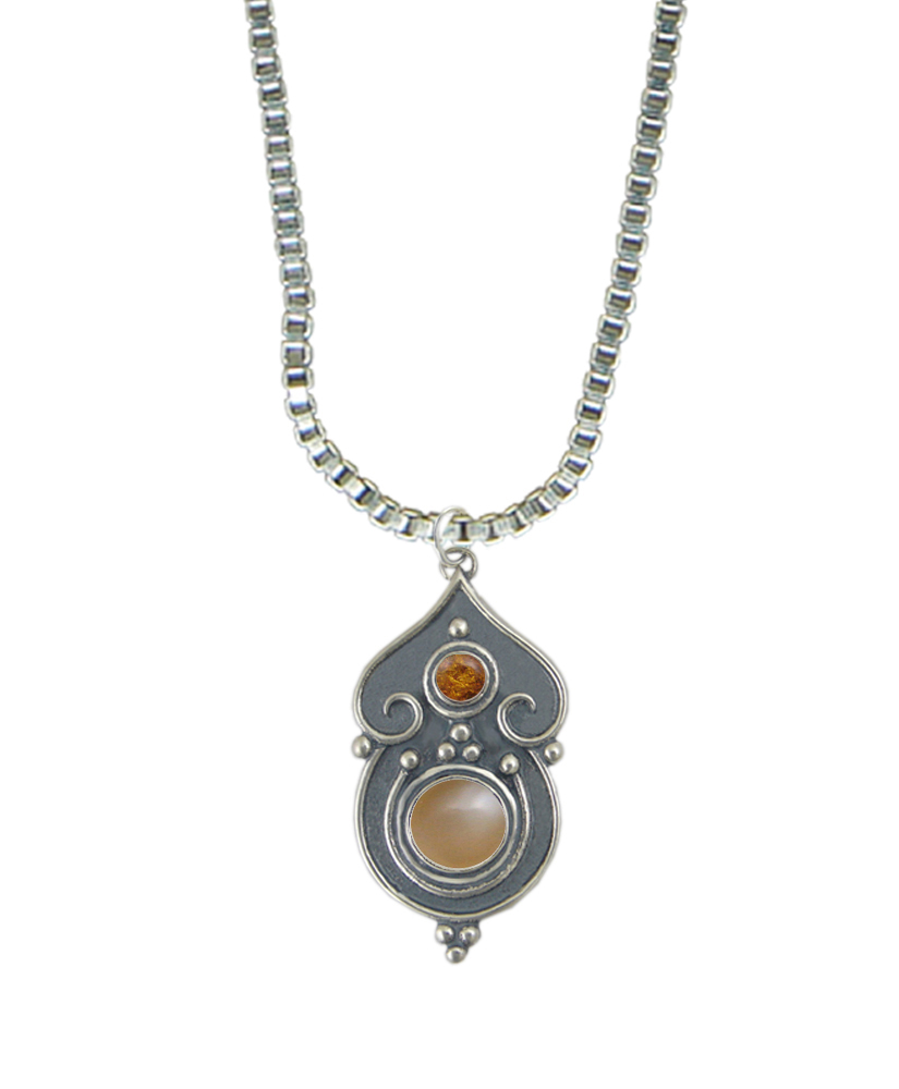 Sterling Silver Necklace Peach Moonstone And Amber